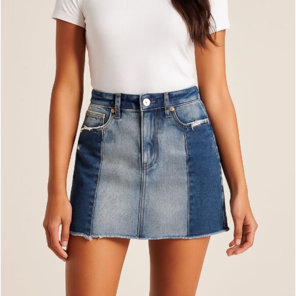 Abercrombie & Fitch Denim Skirt Patchwork Jean Raw Hem Size 28 / 6 Medium - Picture 1 of 6